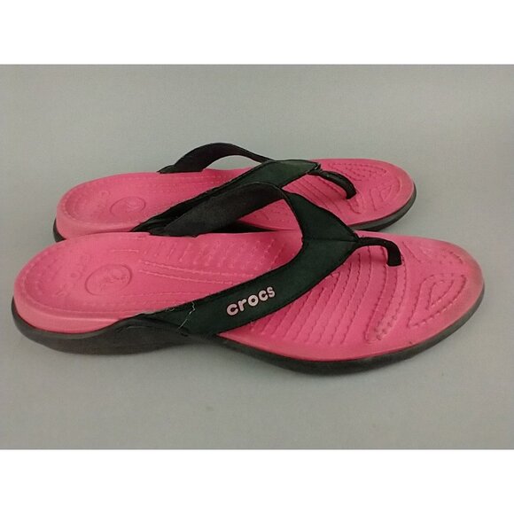 CROCS Capri IV Women's Size 10 Pink Black Straps Sporty Flip Flops Thongs Beach - Picture 1 of 7